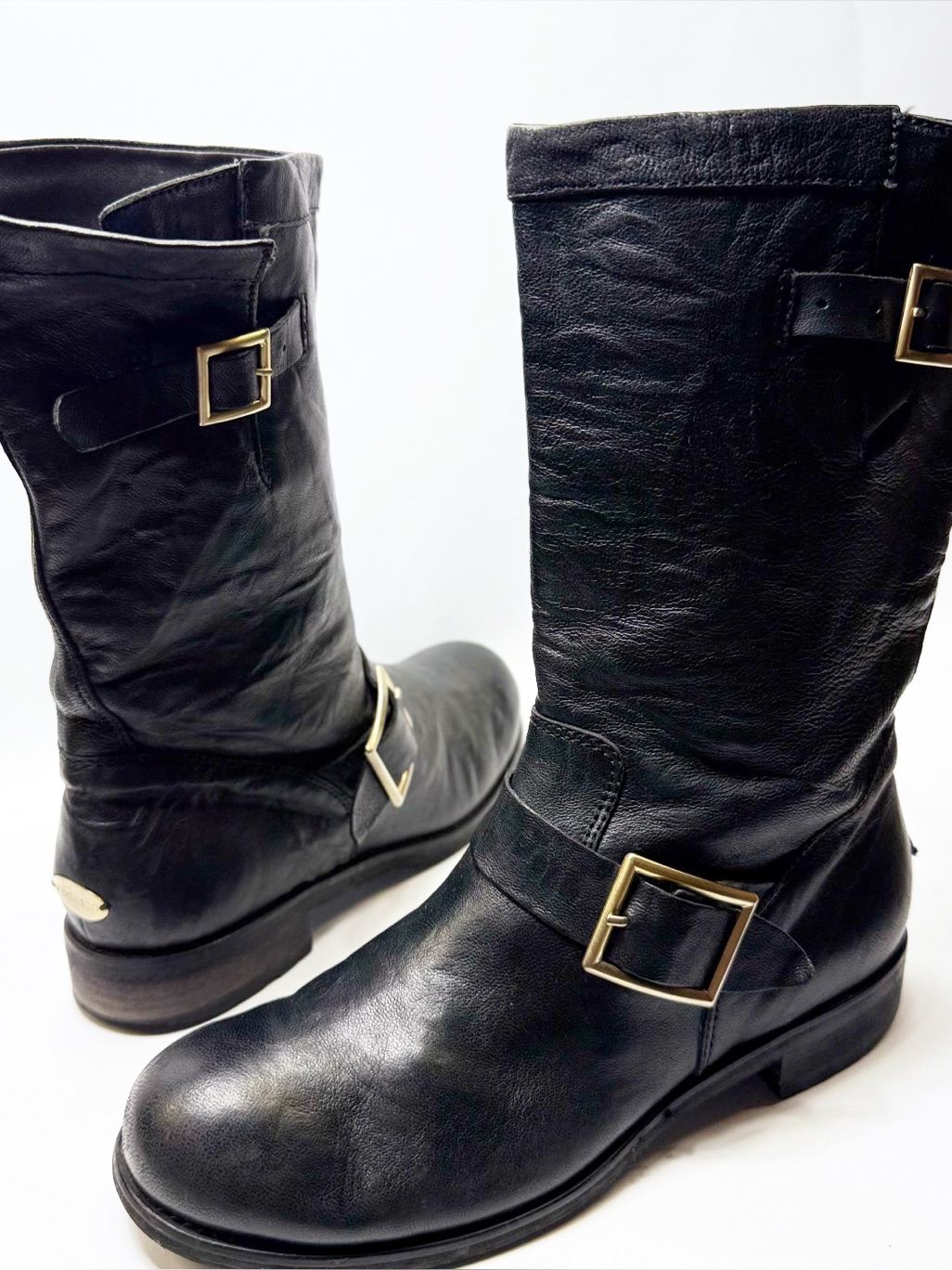 Jimmy Choo Black Leather Moto Combat Boots Size 39